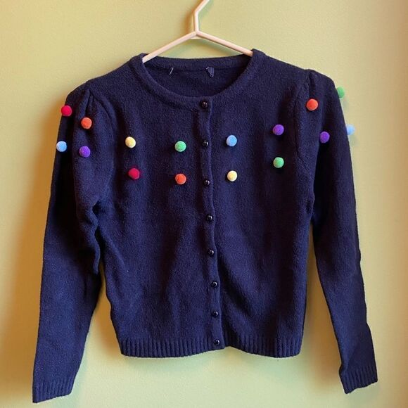 NEVER WORN Black ModCloth cardigan with colourful pom poms - Picture 3 of 8